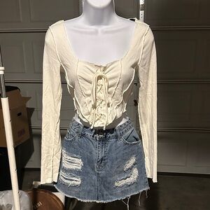 Cream Lace-Up Women's Top and Jean skirt